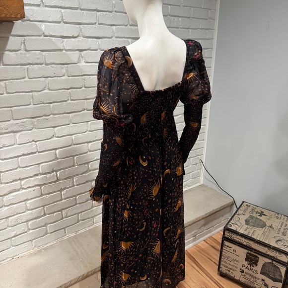Farm Rio Boho Celestial Print Dress M | Smocked Midi Puff Sleeve Festival Luxe - Picture 14 of 16